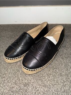 CHANEL Black Leather Espadrilles with Jute Sole